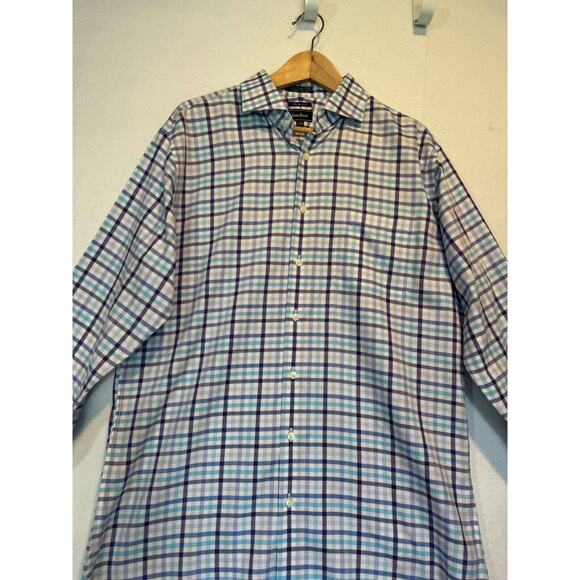 Neiman Marcus Mens Large Blue Plaid Trim Fit Cotton Button Up Shirt 16.5 34/35 - Picture 7 of 14